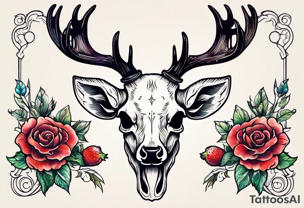 A deer skull. The astrological sign for Aries and Taurus hanging from the antlers. There should be some strawberry imagery in it also. tattoo idea