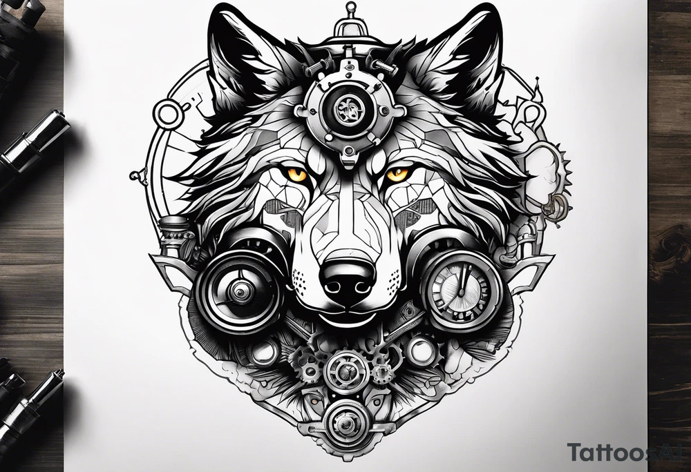 Powerful wolf powered by an engine featuring an "steampunk desing" in the image appears a psiton and a turbo, also the dseign must be vertical. Also, the desing must be minimalistic not saturated tattoo idea