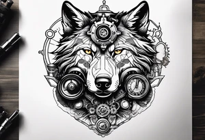 Powerful wolf powered by an engine featuring an "steampunk desing" in the image appears a psiton and a turbo, also the dseign must be vertical. Also, the desing must be minimalistic not saturated tattoo idea