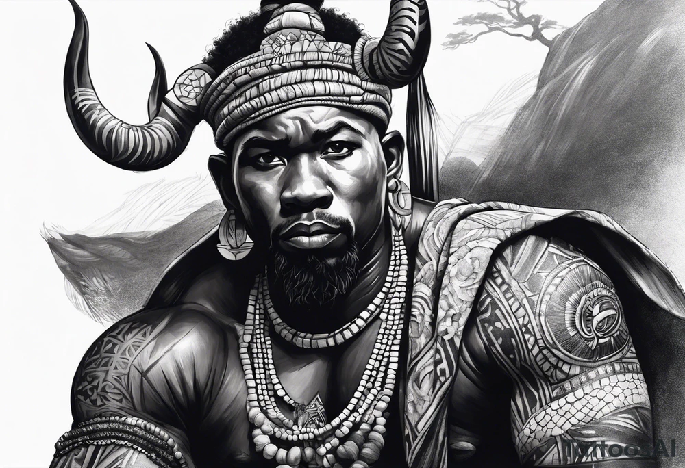 guerreiro africano realista em preto e cinza com tons de azul
 no fudo de savana tattoo idea