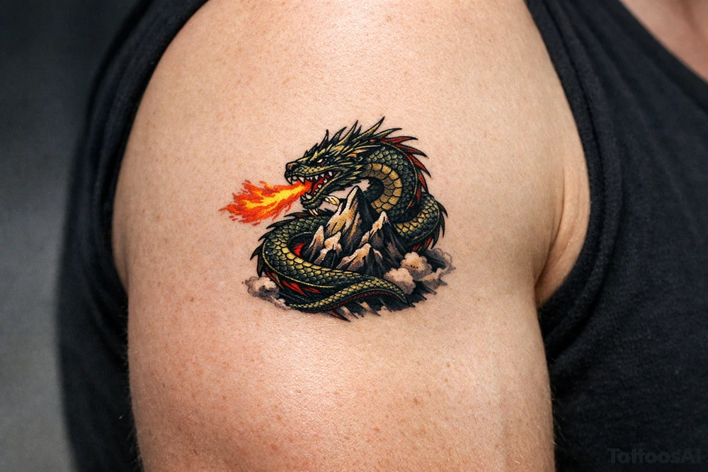 A fierce dragon coiled around a mountain peak, scales detailed, fire breath erupting. tattoo idea