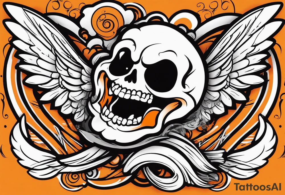 Angel skull laughing black and orange tattoo idea