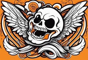 Angel skull laughing black and orange tattoo idea