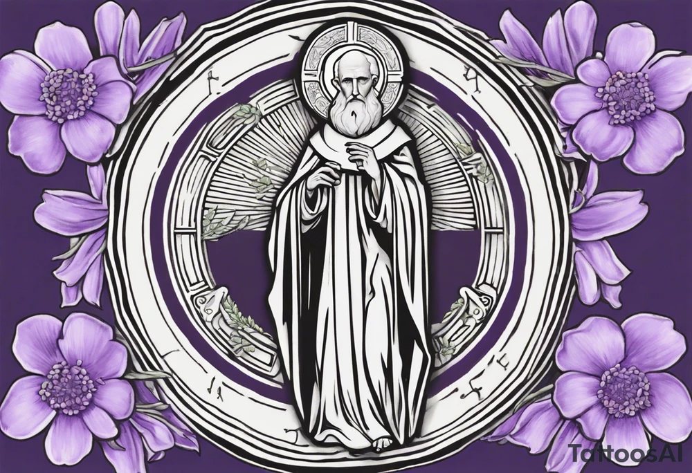 I'm seeking a custom tattoo design featuring a faithful and precise representation of the Saint Benedict medal, surrounded by delicately intertwined lavender flowers to create a harmonious and aesthetically pleasing composition. The focus should be on maintaining the authenticity of the Saint Benedict medal, while incorporating the serene beauty of lavender blooms around it. Additionally, the design should be in black and white to ensure a classic and timeless aesthetic. The goal is to achieve a balance that captures the symbolic essence of the medal within a visually appealing and monochromatic tattoo. tattoo idea