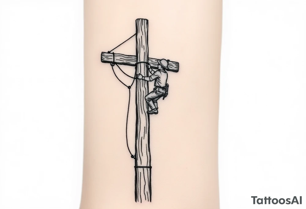 power lineman climbing a wooden 12kv pole. Make the pole a cross that has a hidden resemblance to god. tattoo idea
