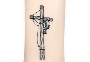 power lineman climbing a wooden 12kv pole. Make the pole a cross that has a hidden resemblance to god. tattoo idea