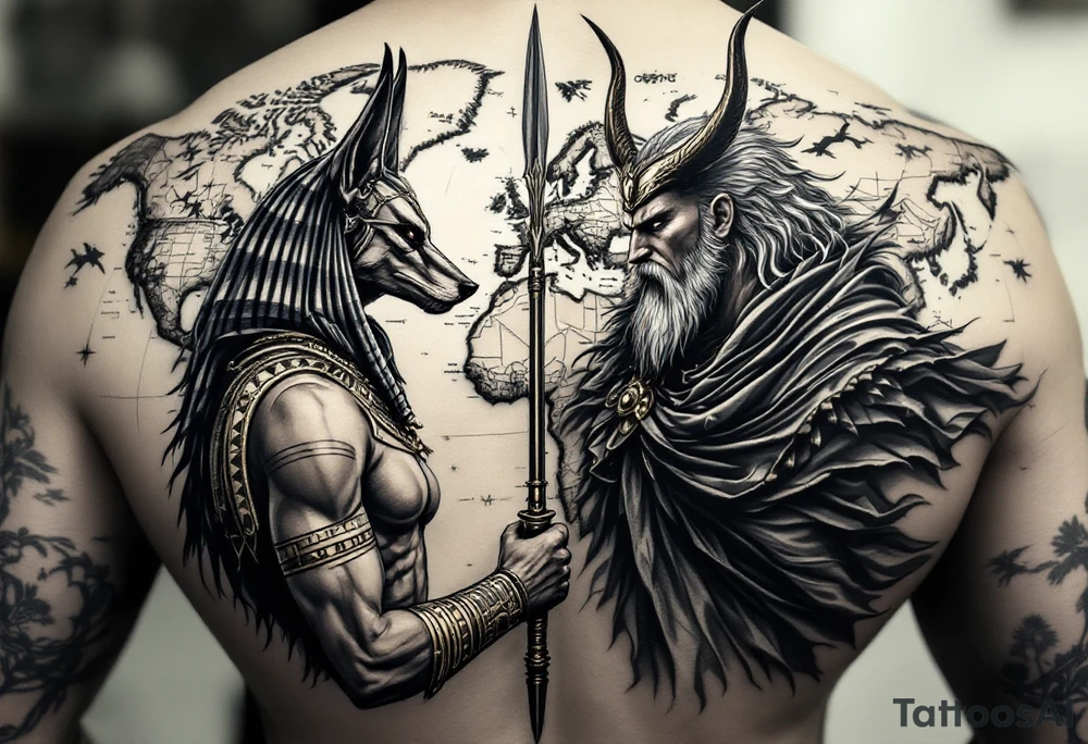Design a full-back tattoo in a hyper-realistic style. The central background is a detailed geographical map, showcasing continents, oceans, and subtle topographical details, blending seamlessly into the composition. On the left side, Anubis, the ancient Egyptian god of the afterlife, is depicted in striking realism, standing tall with a jackal head, wearing traditional Egyptian armor and holding an ankh and a scepter. On the right side, Odin, the Norse Allfather, is shown in battle, wielding his spear Gungnir, with his ravens, Huginn and Muninn, flying around him. Odin’s intense expression and flowing cloak contrast with Anubis's stoic, watchful presence. The two figures face each other across the map, creating a dynamic tension, as if representing two powerful mythologies guarding the world. The design incorporates fine details and shading to bring depth and texture to the tattoo, emphasizing realism and artistry tattoo idea