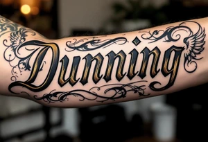 Dunning, details include bold strong font, gold highlights, theme of wealth and angels tattoo idea