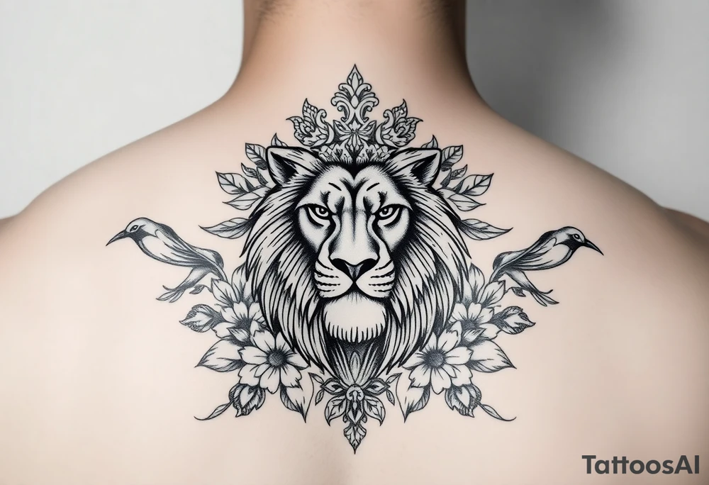 powerful majestic lion with a crown, surrounded by floral ornaments and birds tattoo idea