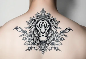 powerful majestic lion with a crown, surrounded by floral ornaments and birds tattoo idea