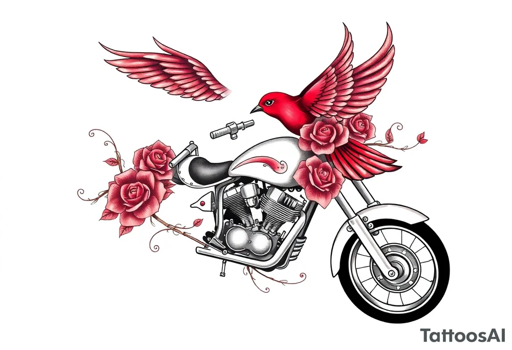 Motorcycle, red bird flying, roses and lace, flames tattoo idea