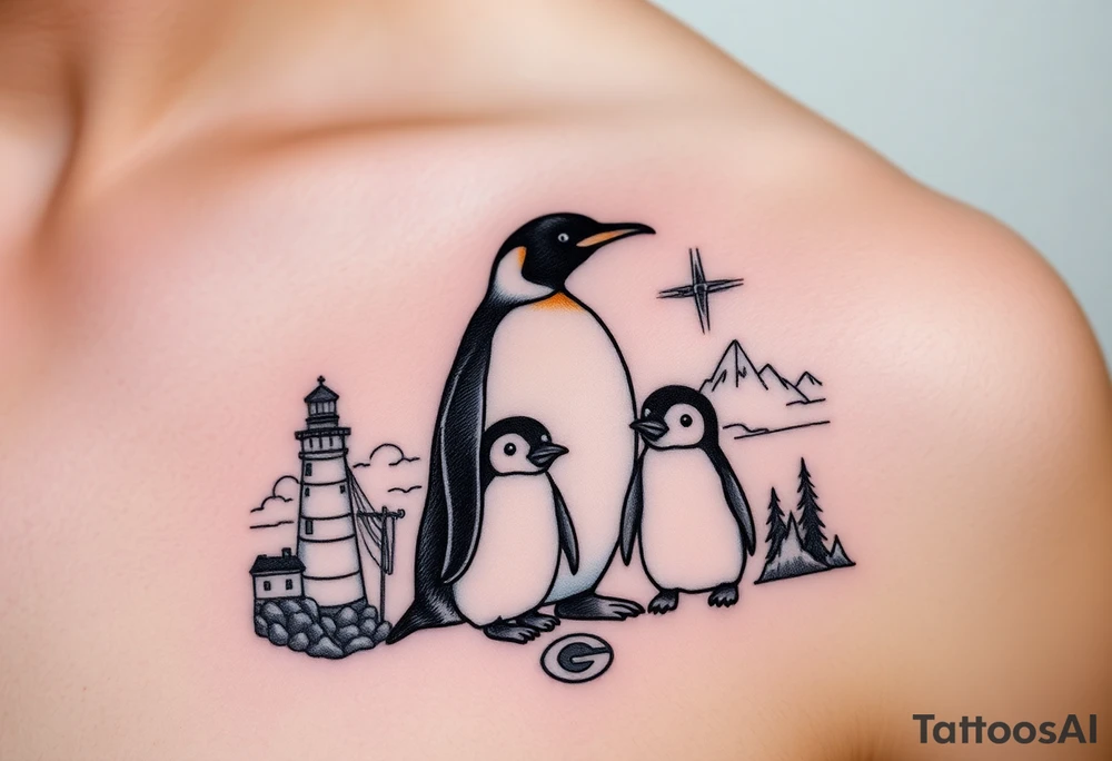 compilation outlining important things in my life such as one adult emperor penguin and 3 baby penguins, celtic trinity knot, lighthouse, mountains/nature, the green bay packers, and something to represent my 3 boys tattoo idea