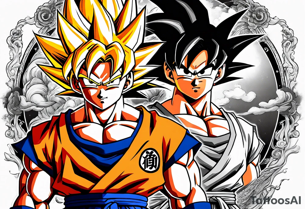 Son-Goku as a child in the foreground and an older version of him as a super saiyajin behind him. A huge dragonball surrounds the whole story tattoo idea