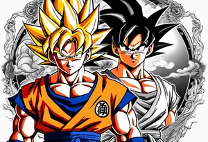 Son-Goku as a child in the foreground and an older version of him as a super saiyajin behind him. A huge dragonball surrounds the whole story tattoo idea