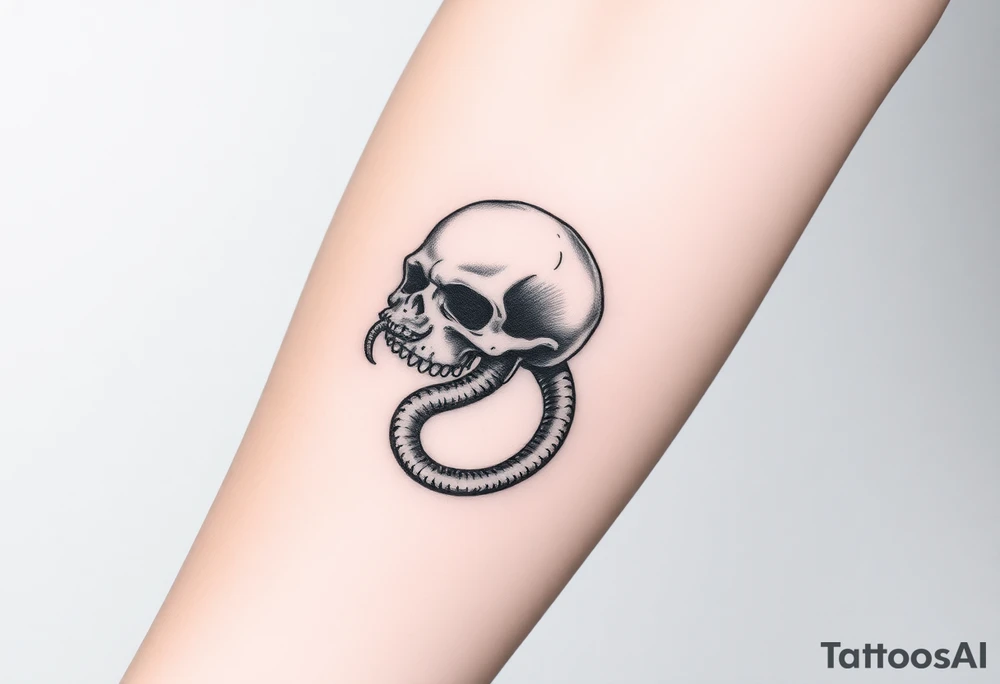 A hyper-realistic Dark Mark, with the snake slithering out of the skull’s mouth, coiled in a hypnotic pose tattoo idea