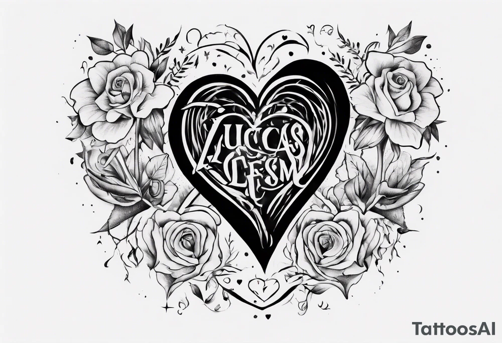 A black heart with the words Lucas and Margaret tattoo idea