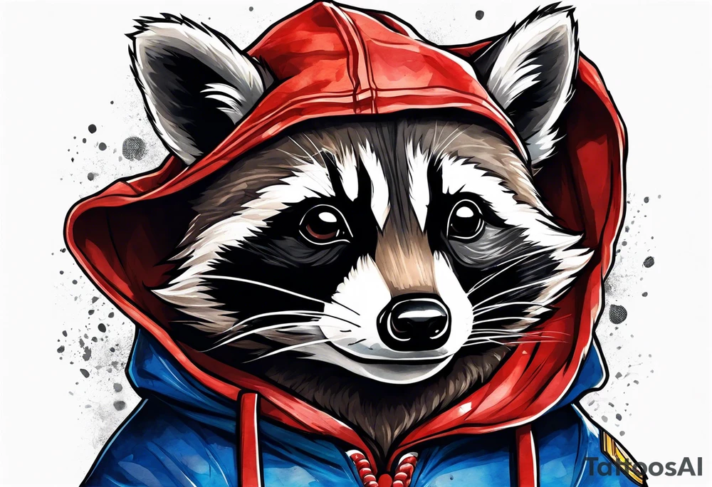 raccoon wearing a Superman hoodie tattoo idea
