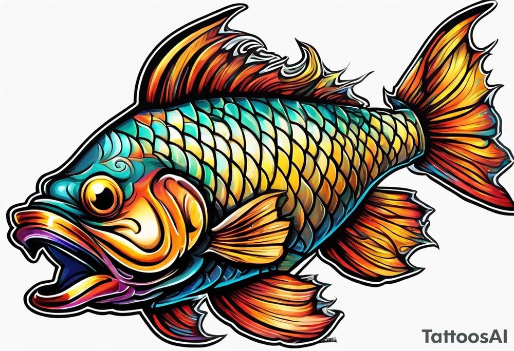 "A large aggressive looking fish riding on top of tank treads, with vibrant colors tattoo idea