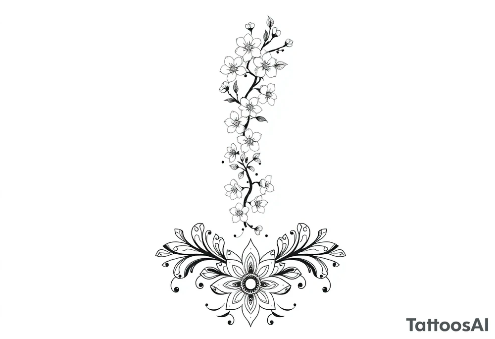 A detailed and elegant tattoo design for the spine, incorporating a vertical flow of cherry blossoms with delicate petals and branches. The lower back features symmetrical ornamental elements inspired by tribal and decorative patterns, seamlessly blending into the floral motif. The design uses fine linework, intricate dotwork, and soft curves that follow the natural contours of the body, creating a feminine and cohesive piece. The overall aesthetic is balanced, with a mix of bold ornamental elements at the lower back and light, airy floral accents along the spine. tattoo idea