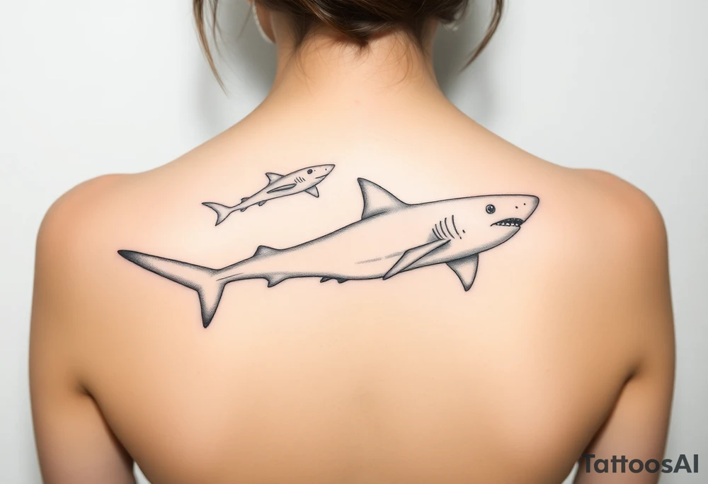 one lemon shark and one whale shark swimming upwards towards the neck in a line one behind the other tattoo idea
