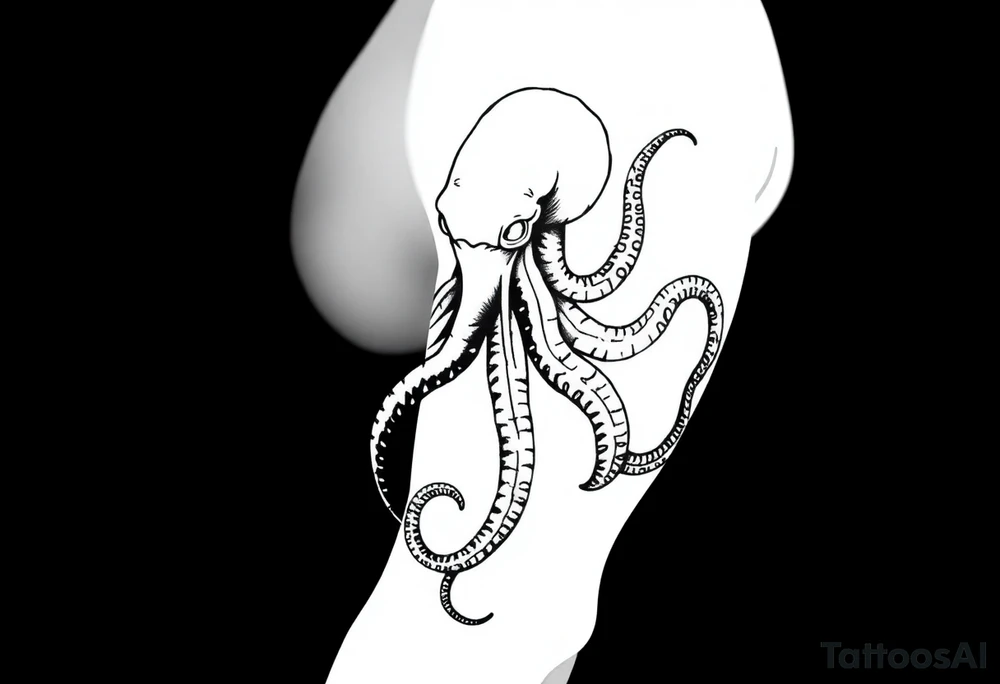 A minimalist blackwork tattoo design of a kraken The kraken is viewed from a 45-degree angle facing left, with its head centered. The tentacles extend only to the left and right, with none going downward beneath the head. The style is clean, fine-line detailing with bold outlines, avoiding heavy shading. The tentacles should be fluid, aggressive, and striking, enhancing the menacing and eerie look of the kraken while maintaining a cohesive design for a tattoo sleeve. tattoo idea