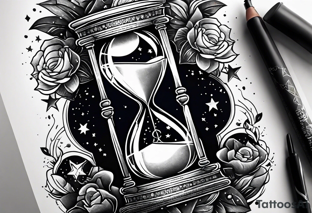 Hourglass with star stuff and cosmic dust exploding from the top and bottom of the hourglass. Long tattoo to fit on the forearm tattoo idea