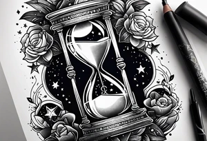 Hourglass with star stuff and cosmic dust exploding from the top and bottom of the hourglass. Long tattoo to fit on the forearm tattoo idea