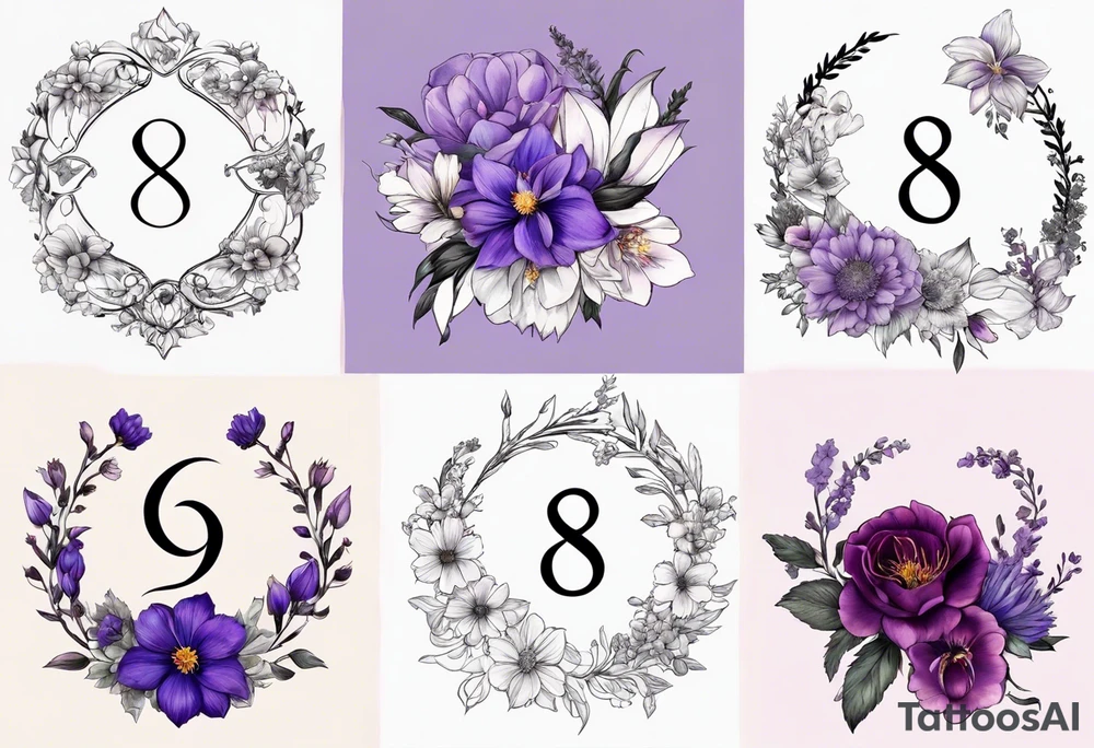 Infinity symbol made with violet, rose, larkspur and aster birth flowers on one
 side of the symbol the date 8.30.1997 on the other side tattoo idea
