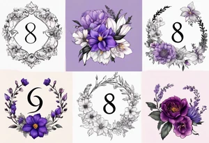 Infinity symbol made with violet, rose, larkspur and aster birth flowers on one
 side of the symbol the date 8.30.1997 on the other side tattoo idea
