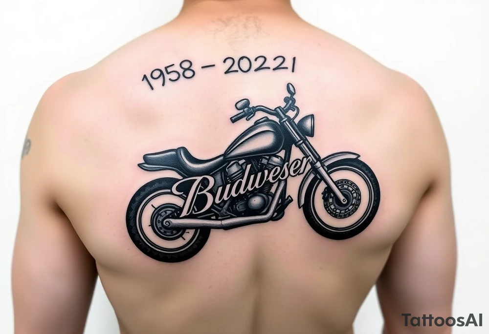 An arm tattoo with Dale Earnhardt car on it with the year 1958 - 2021 intertwined with a motorcycle with a Budweiser logo on it tattoo idea