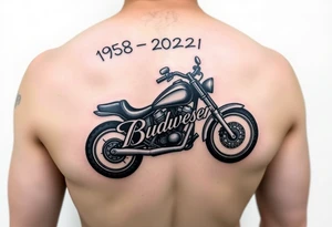 An arm tattoo with Dale Earnhardt car on it with the year 1958 - 2021 intertwined with a motorcycle with a Budweiser logo on it tattoo idea