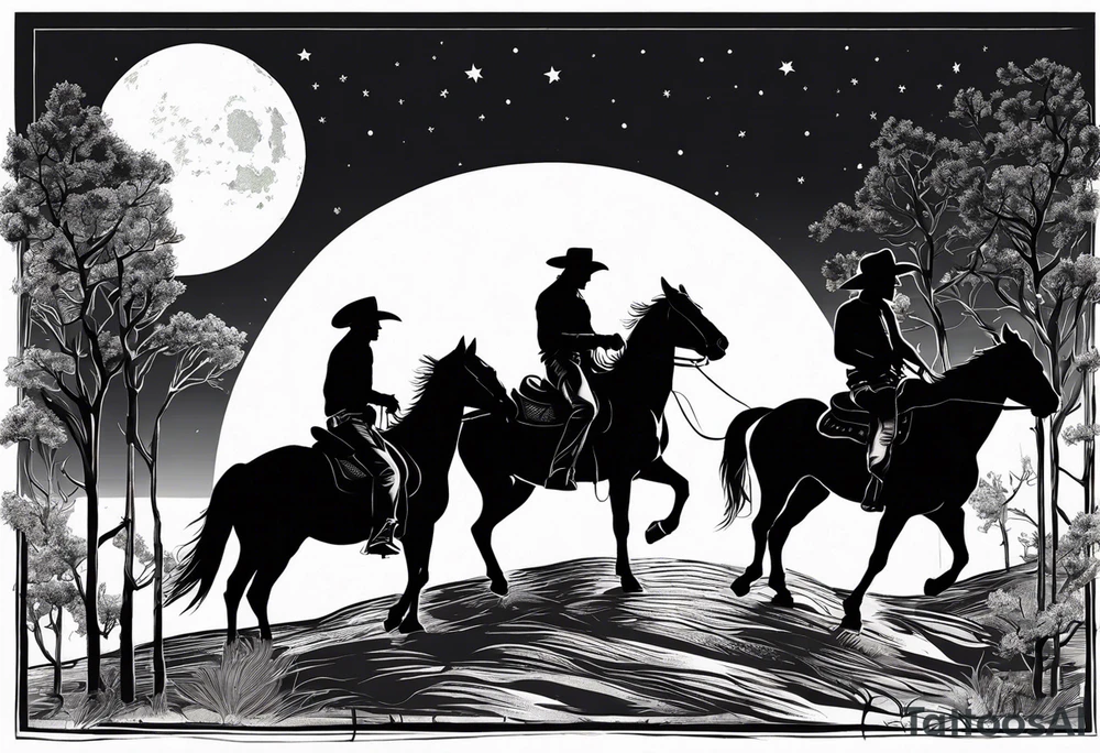 Four cowboys on horses in the moonlight on a dusty trail tattoo idea