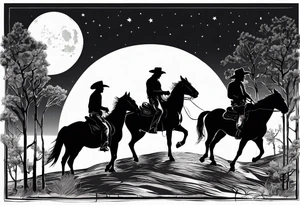 Four cowboys on horses in the moonlight on a dusty trail tattoo idea