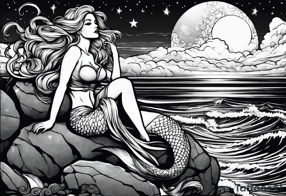 One evil mermaid and one good mermaid on a rock looking out into the night sky and ocean horizon tattoo idea