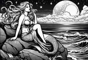 One evil mermaid and one good mermaid on a rock looking out into the night sky and ocean horizon tattoo idea
