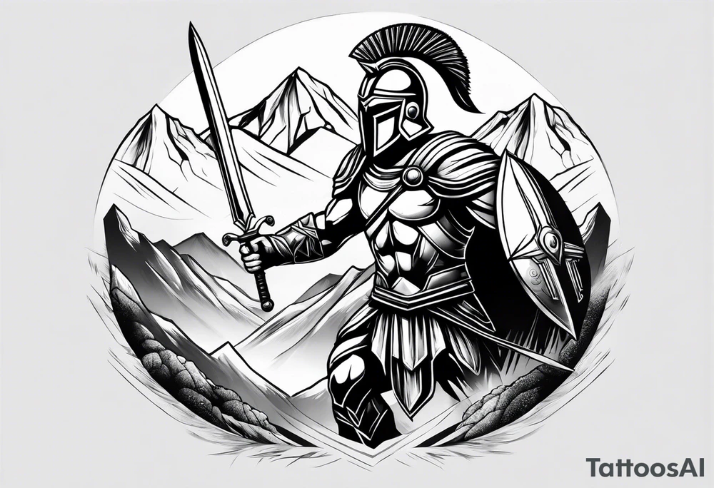 Spartan Warrior Wielding A Sword Surrounded By Mountains Tattoo Idea tattoo idea