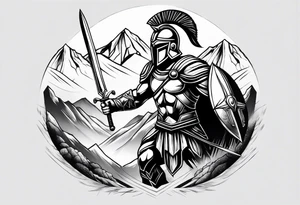 Spartan Warrior Wielding A Sword Surrounded By Mountains Tattoo Idea tattoo idea