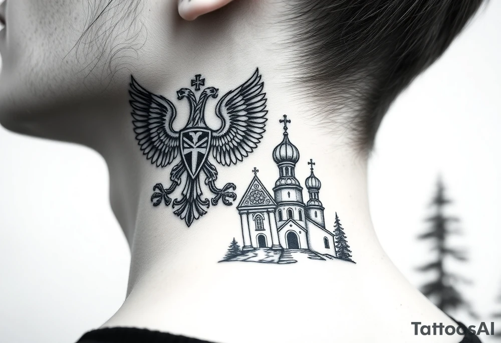 russian coat of arms double headed eagle traditional christian orthodox cross with a virgin mary stood in the entrance of a russian orthodox dome church on the side of the neck in a wilderness setting tattoo idea