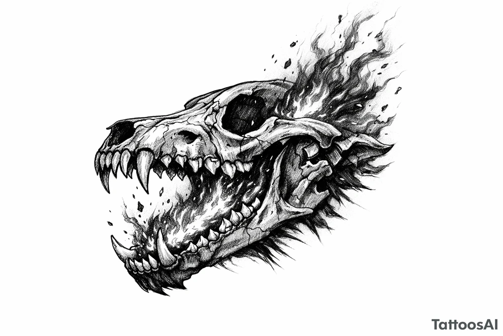 A skeletal wolf head with fiery embers rising from its jaws. tattoo idea