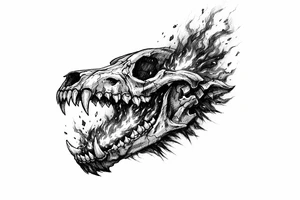 A skeletal wolf head with fiery embers rising from its jaws. tattoo idea