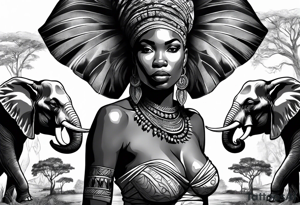 African woman warrior with spear in her hand with elephants and trees around her tattoo idea
