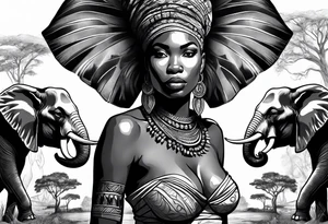 African woman warrior with spear in her hand with elephants and trees around her tattoo idea