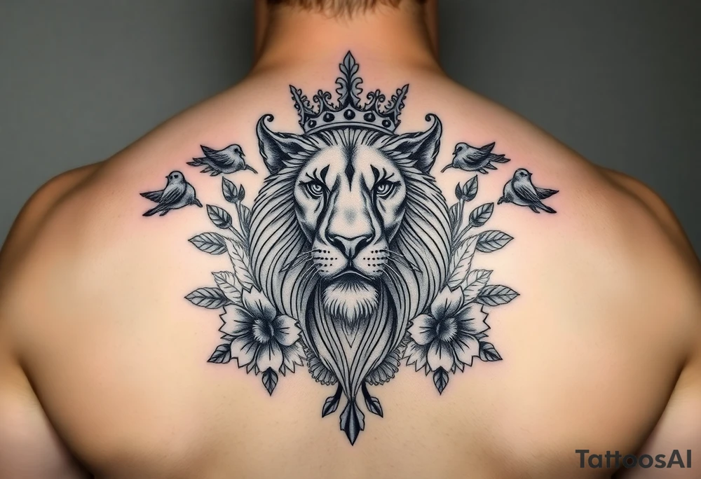 powerful majestic lion with a crown, surrounded by floral ornaments and birds tattoo idea