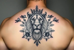 powerful majestic lion with a crown, surrounded by floral ornaments and birds tattoo idea