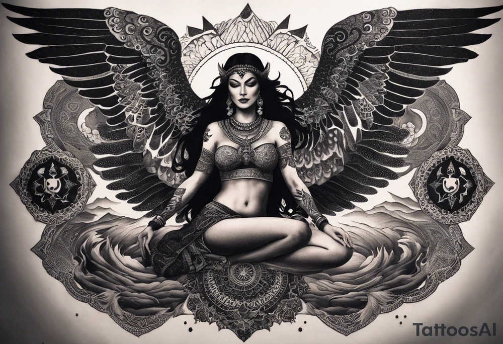 black kali, goddess pirate, alien, angel, pachamama, valkrye, warrior, flying, skull, lotus azul, wing, eagle, zenza resonance, stars, 5D, anahata chakra, death, durga, riding on a tiger, flying lady, chest tatoo tattoo idea