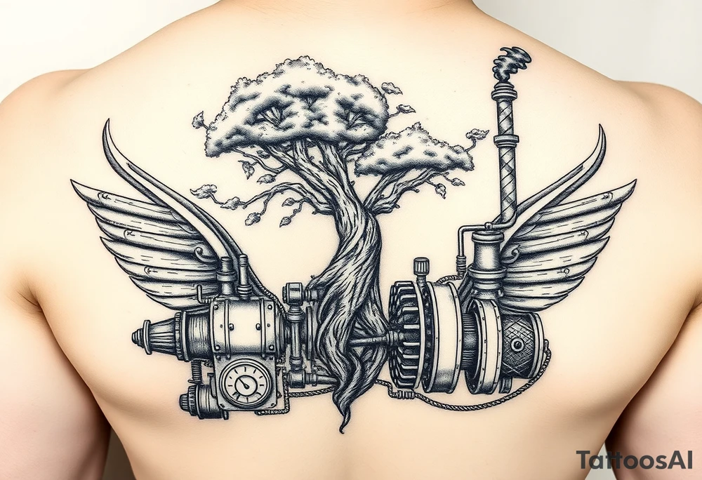 tree growing out of a v shaped engine with lots of pipes, guages and steam around the engine 
 with a smoke stack coming out of the top 
 billowing black smoke as if the tree and engine were a flying machine flying through the air 
 with an extreme steam punk vibe alot more steam punk tattoo idea