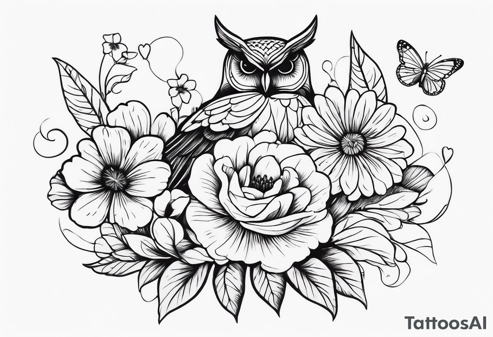 Flowers with butterflies and a owl tattoo idea