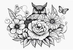 Flowers with butterflies and a owl tattoo idea
