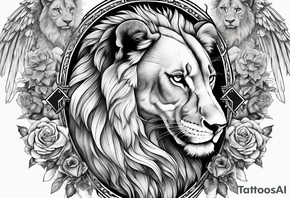 Full sleeve with Lion, cross, praying hands and angels. Incorporate the names Scarlett and Faith in the design tattoo idea