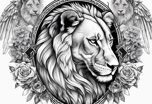 Full sleeve with Lion, cross, praying hands and angels. Incorporate the names Scarlett and Faith in the design tattoo idea